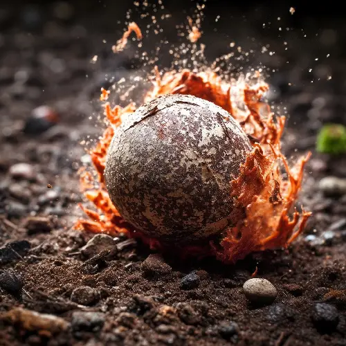 a photograph of a seed bomb hitting the ground